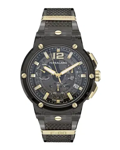 Ferragamo F-80 44mm Translucent Black Bioplastic Chronograph Watch | Thumbnail 1 Ferragamo F-80 44mm Translucent Black Bioplastic Chronograph Watch | Thumbnail 1