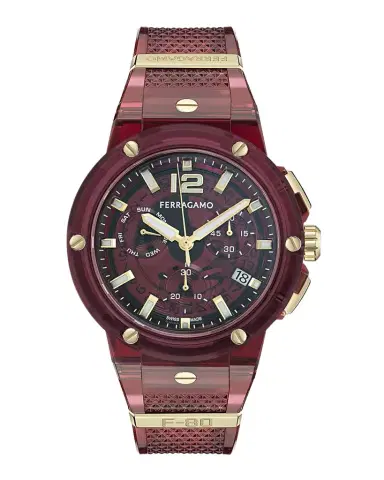Ferragamo F-80 44mm Translucent Burgundy Bioplastic Chronograph Watch | Thumbnail 1 Ferragamo F-80 44mm Translucent Burgundy Bioplastic Chronograph Watch | Thumbnail 1