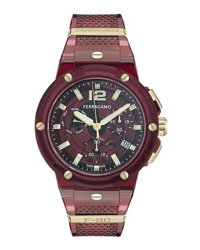 Ferragamo F-80 44mm Translucent Burgundy Bioplastic Chronograph Watch