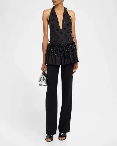 Diotima Embellished Plunging Ruffle Halter Top | Thumbnail 2
