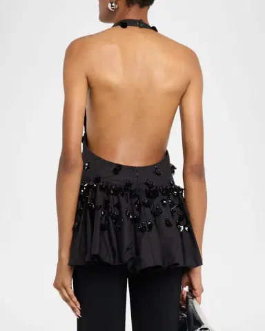 Diotima Embellished Plunging Ruffle Halter Top | Thumbnail 3