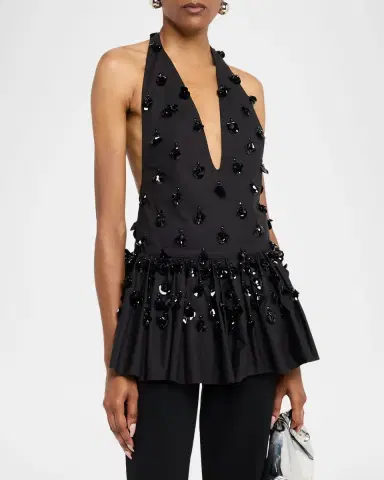 Diotima Embellished Plunging Ruffle Halter Top | Thumbnail 4