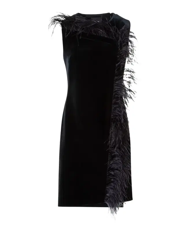 Neoprene Velvet Feather-Trim Asymmetric Mini Dress