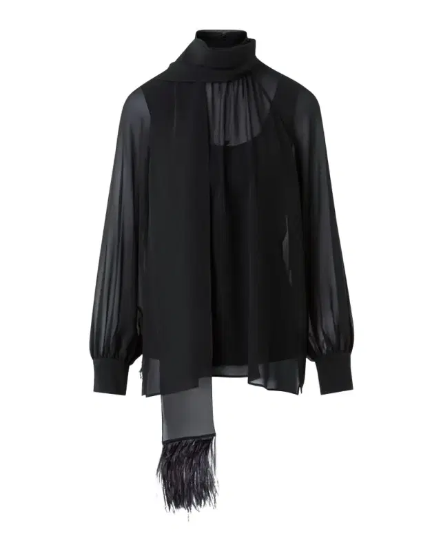 Feather-Trim Scarf Silk Georgette Blouse
