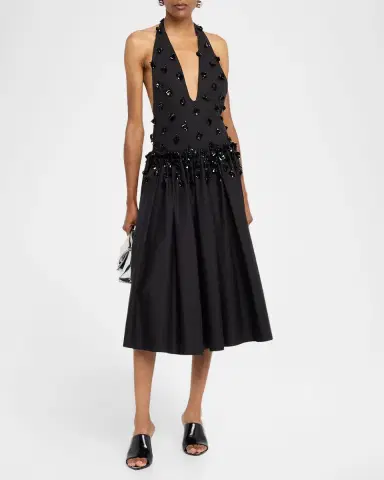 Diotima Nuit Embellished Plunging Halter Drop-Waist Gown | Thumbnail 4