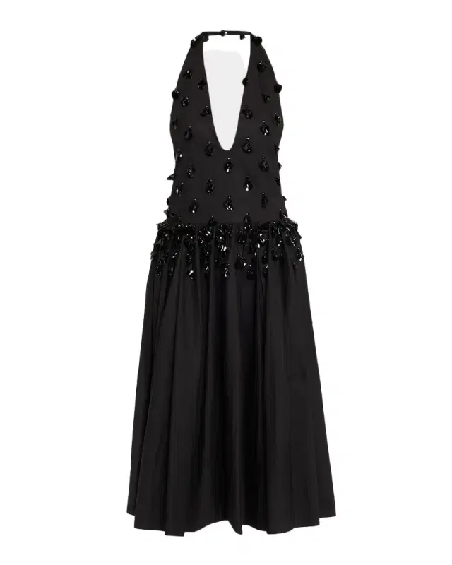 Nuit Embellished Plunging Halter Drop-Waist Gown