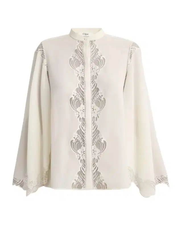 Chloe Lace Placket Tulip-Sleeve Silk Blouse