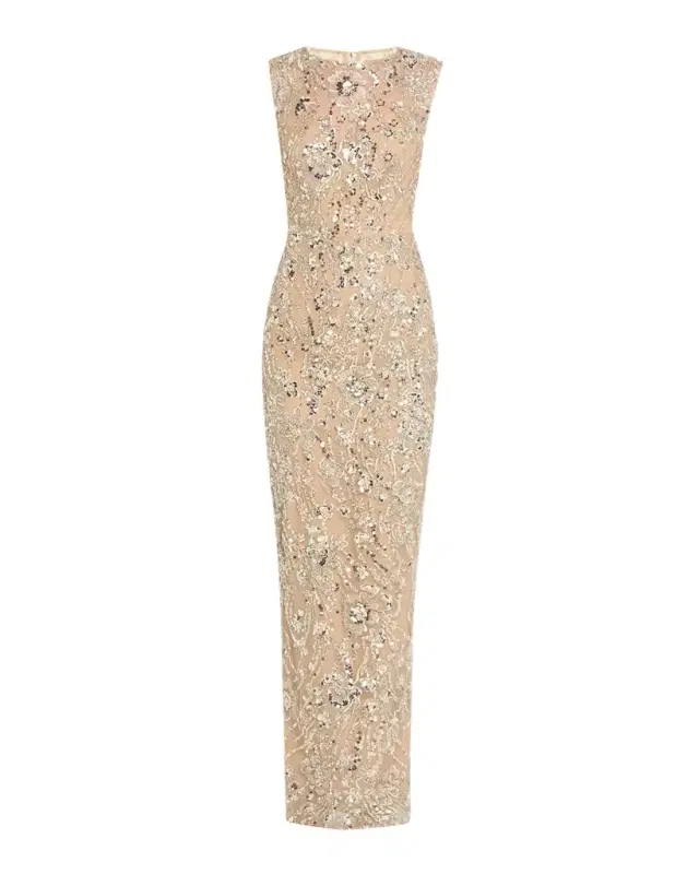 Bronx Banco Violet Bead & Sequin Floral-Embroidered Gown