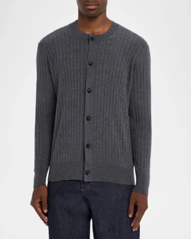 Bottega Veneta Men's Ribbed Wool Cardigan with Leather Buttons | Thumbnail 4 Bottega Veneta Men's Ribbed Wool Cardigan with Leather Buttons | Thumbnail 4