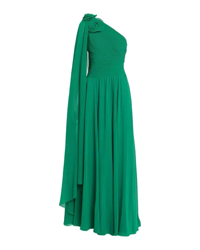 Rickie Freeman for Teri Jon Pleated Cape-Sleeve Chiffon Gown