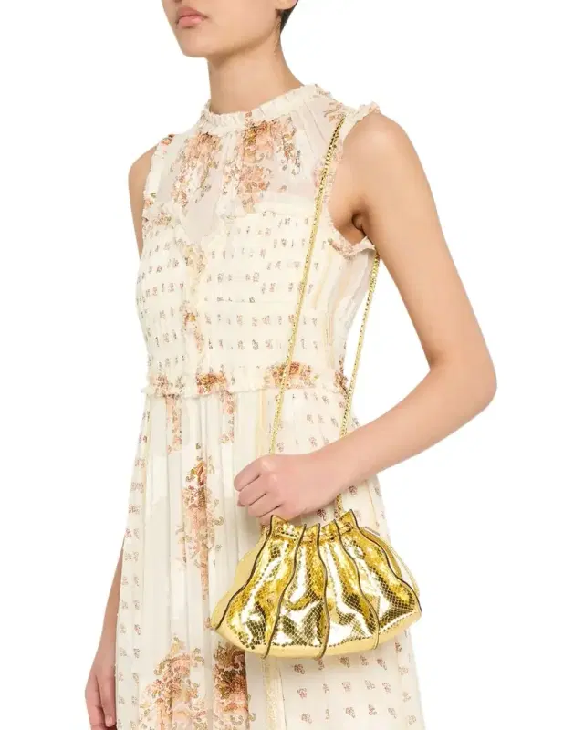Ulla Johnson Adria Mini Pleated Wave Metallic Snake-Print Crossbody Bag