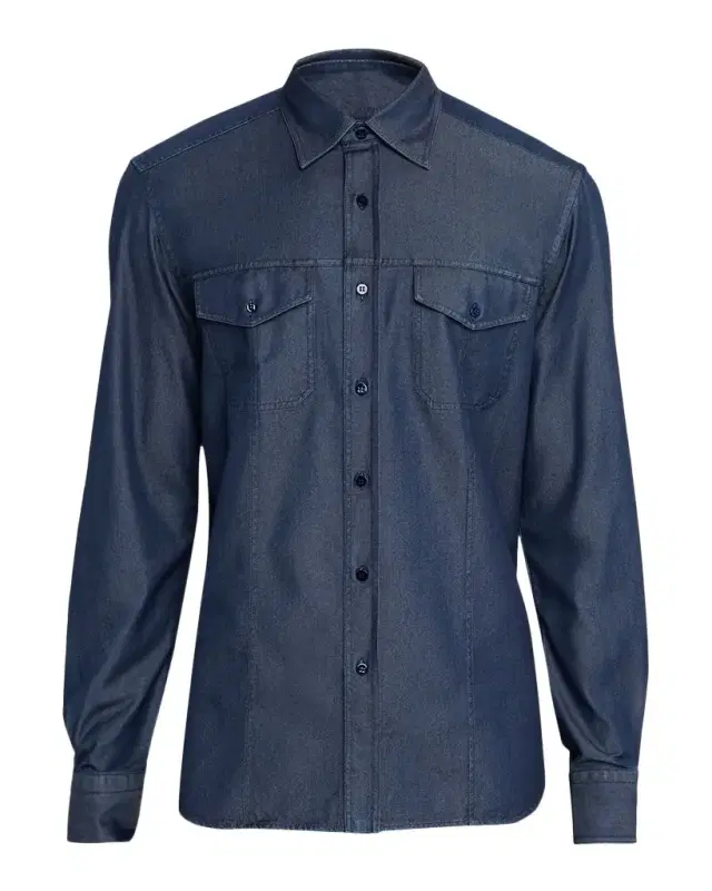Men 's Cotton and Silk Denim Button-Down Shirt