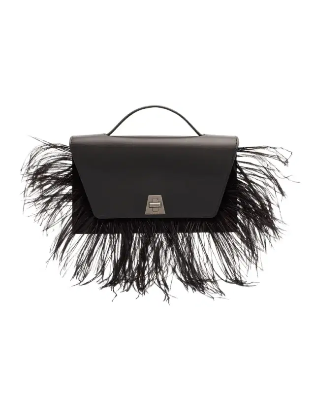 Anouk City Leather Top-Handle Bag with Feather Trim