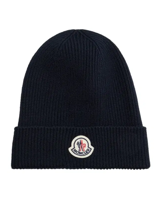 Moncler Men 's Ribbed Wool Logo Beanie Hat
