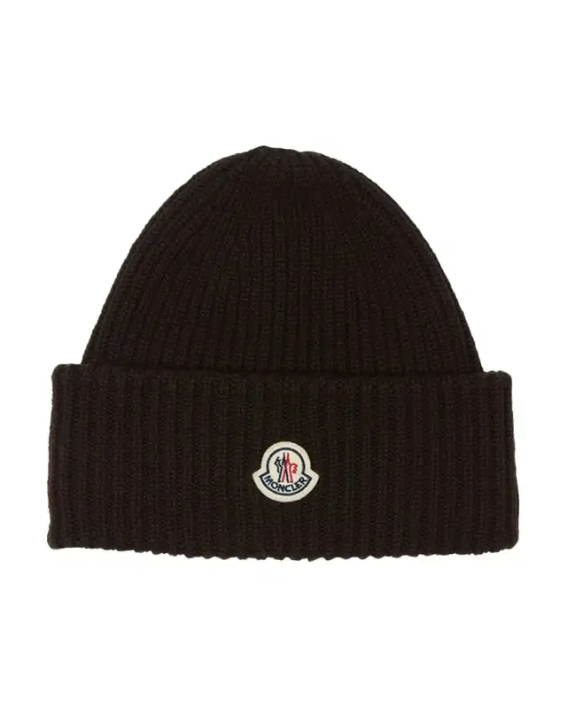 Moncler Men 's Cashmere and Wool Rib Logo Beanie Hat