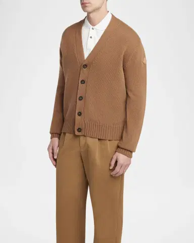 Moncler Men's Leather Logo Wool Knit Cardigan | Thumbnail 4 Moncler Men's Leather Logo Wool Knit Cardigan | Thumbnail 4