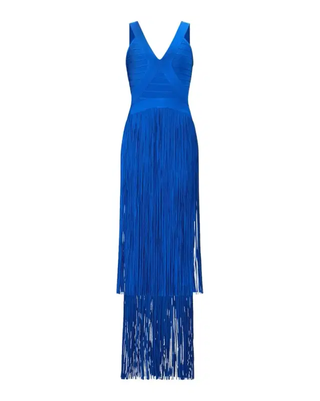 The Brigitte Bandage Tiered Fringe Gown