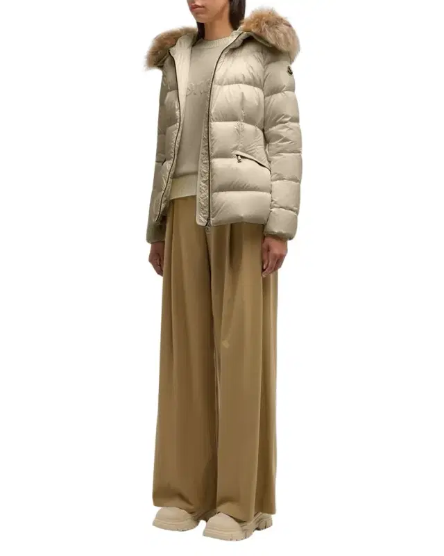 Moncler Boed Hooded Shearling-Trimmed Short Down Jacket