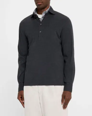 Brunello Cucinelli Men's Cotton Long-Sleeve Polo Shirt | Thumbnail 4 Brunello Cucinelli Men's Cotton Long-Sleeve Polo Shirt | Thumbnail 4