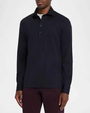 Brunello Cucinelli Men's Cotton Long-Sleeve Polo Shirt | Thumbnail 4 Brunello Cucinelli Men's Cotton Long-Sleeve Polo Shirt | Thumbnail 4