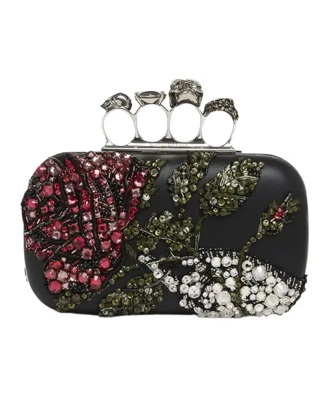 Bead & Crystal Flower Skull Four Ring Clutch Bag