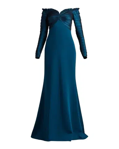 Tadashi Shoji Off-Shoulder Pleated Taffeta and Crepe Gown | Thumbnail 1 Tadashi Shoji Off-Shoulder Pleated Taffeta and Crepe Gown | Thumbnail 1