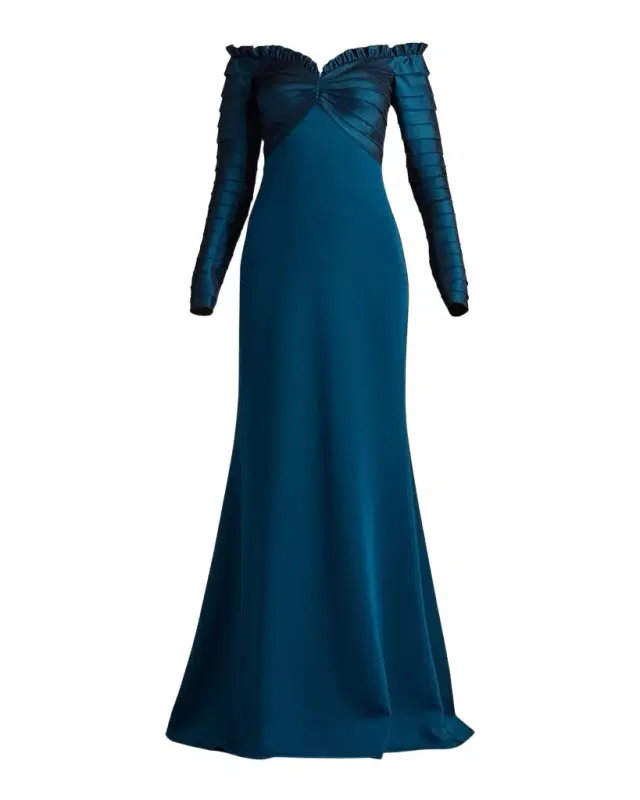 Tadashi Shoji Off-Shoulder Pleated Taffeta and Crepe Gown