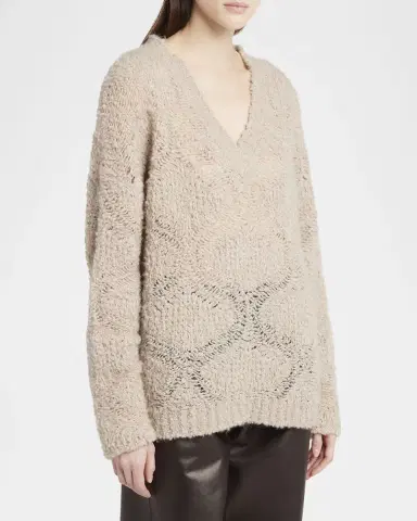 Giorgio Armani V-Neck Wool Cashmere Open-Knit Sweater | Thumbnail 4