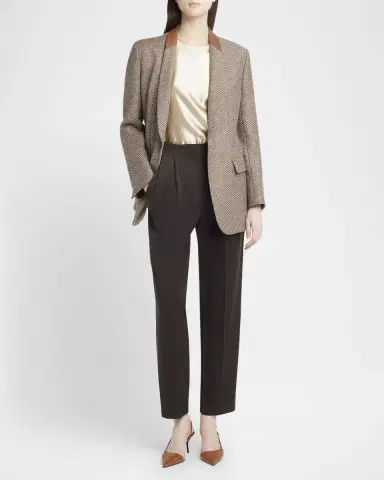 Giorgio Armani Chevron Wool Single-Breasted Blazer with Leather Trim | Thumbnail 2 Giorgio Armani Chevron Wool Single-Breasted Blazer with Leather Trim | Thumbnail 2