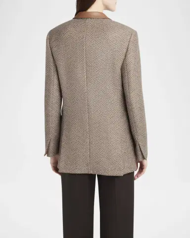 Giorgio Armani Chevron Wool Single-Breasted Blazer with Leather Trim | Thumbnail 3 Giorgio Armani Chevron Wool Single-Breasted Blazer with Leather Trim | Thumbnail 3