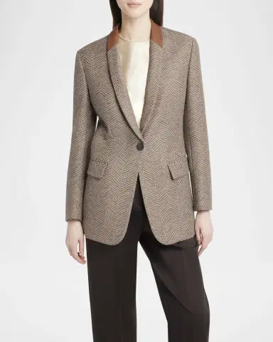 Giorgio Armani Chevron Wool Single-Breasted Blazer with Leather Trim | Thumbnail 4 Giorgio Armani Chevron Wool Single-Breasted Blazer with Leather Trim | Thumbnail 4