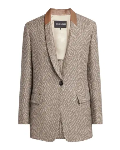 Giorgio Armani Chevron Wool Single-Breasted Blazer with Leather Trim | Thumbnail 1 Giorgio Armani Chevron Wool Single-Breasted Blazer with Leather Trim | Thumbnail 1