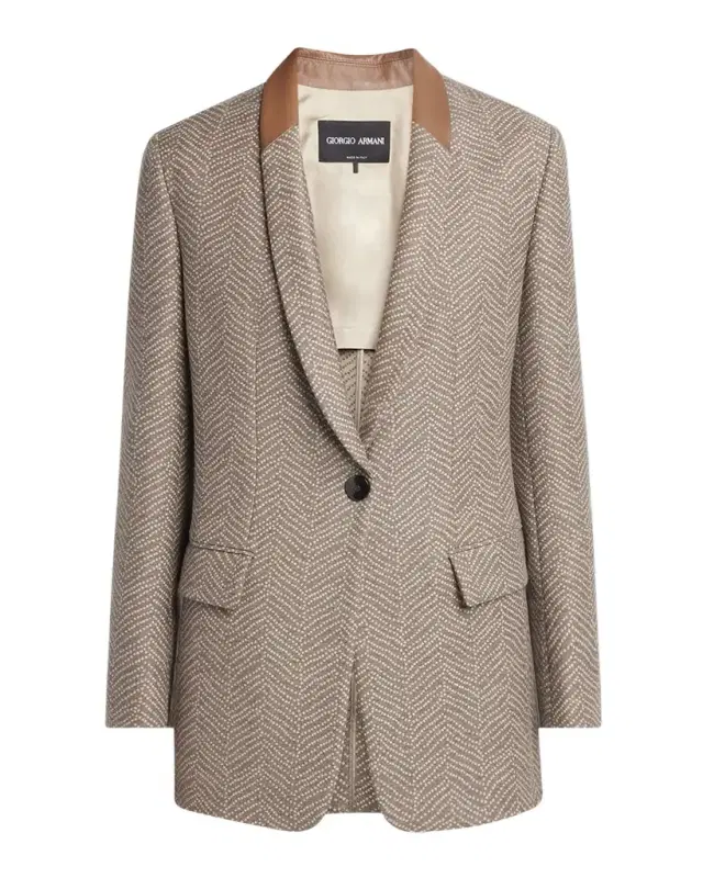 Giorgio Armani Chevron Wool Single-Breasted Blazer with Leather Trim