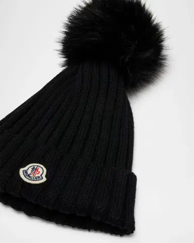 Moncler Wool Beanie with Faux Fur Pom | Thumbnail 2 Moncler Wool Beanie with Faux Fur Pom | Thumbnail 2