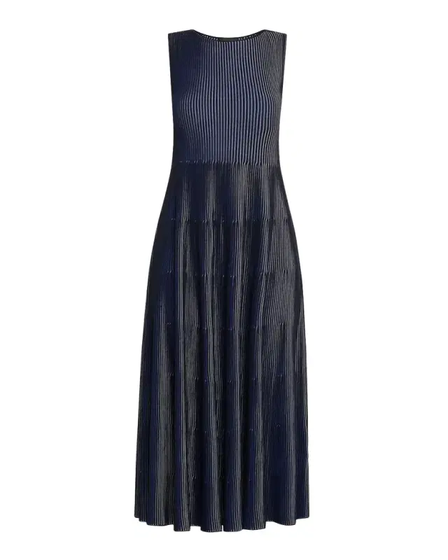 Emporio Armani Sleeveless Tiered Striped Knit Midi Dress