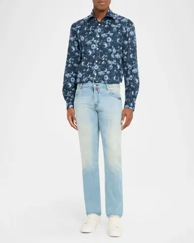 Kiton Men's Cotton Tonal Floral Sport Shirt | Thumbnail 2
