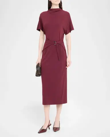 Brunello Cucinelli Drape Short-Sleeve Wool Jersey Midi Wrap Dress | Thumbnail 2