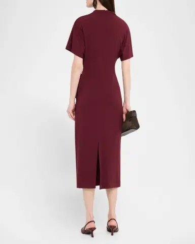 Brunello Cucinelli Drape Short-Sleeve Wool Jersey Midi Wrap Dress | Thumbnail 3