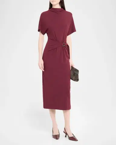 Brunello Cucinelli Drape Short-Sleeve Wool Jersey Midi Wrap Dress | Thumbnail 4