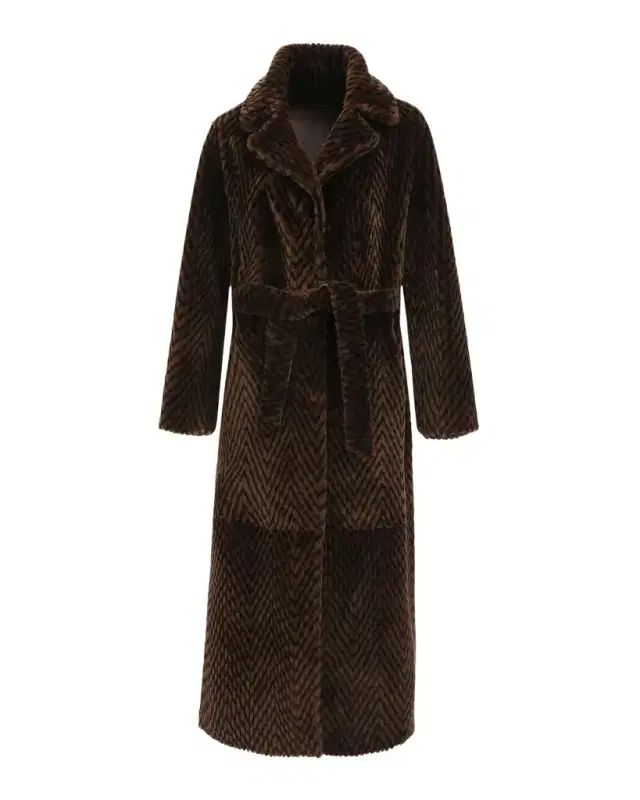 Gorski Reversible Chevron-Print Grooved Shearling Lamb Coat With Belt