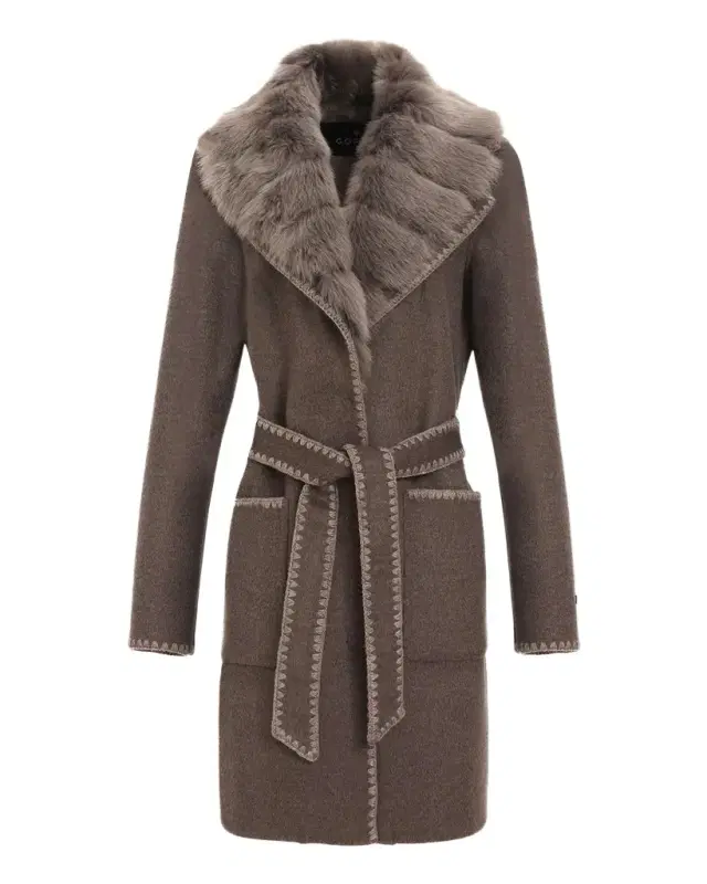 Gorski Belted Cashmere-Wool Stroller with Detachable Merinillo Lamb Shearling Collar