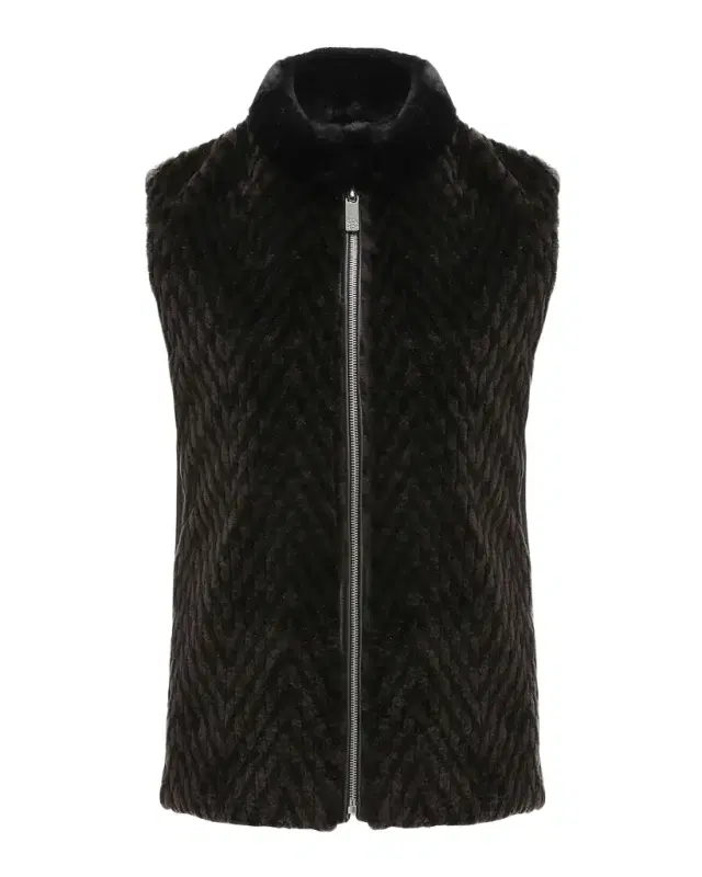 Gorski Chevron Grooved Shearling Lamb Zip Vest With Loro Piana Wool Back