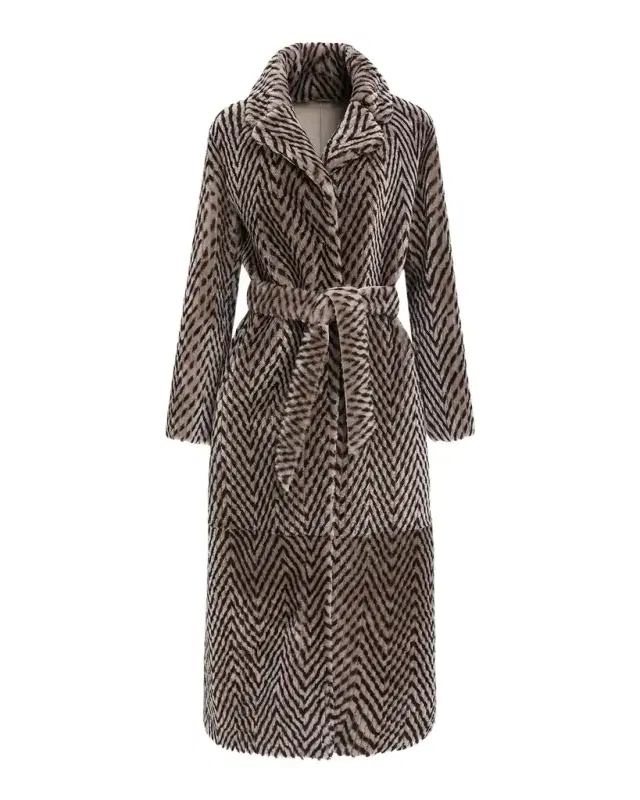 Gorski Reversible Chevron-Print Grooved Shearling Lamb Coat With Belt