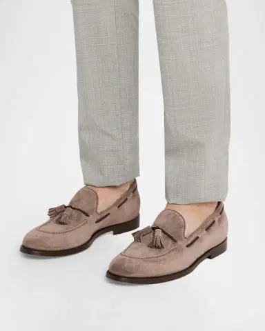 Brunello Cucinelli Men 's Suede Braided Leather-Lace Tassel Loafers | Thumbnail 2 Brunello Cucinelli Men 's Suede Braided Leather-Lace Tassel Loafers | Thumbnail 2