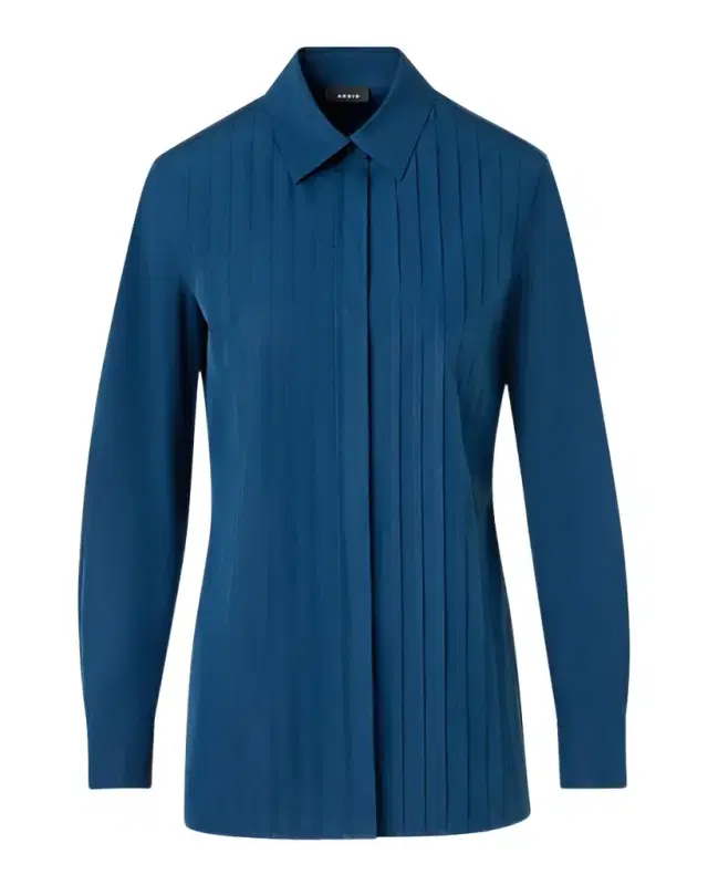 Pleated Front Cotton Poplin Button-Down Shirt
