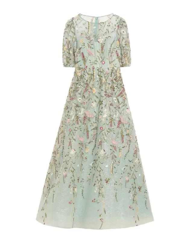 Rickie Freeman for Teri Jon Floral-Embroidered Shimmer Mesh Gown