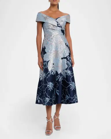 Rickie Freeman for Teri Jon Off-Shoulder Metallic Jacquard Midi Dress | Thumbnail 2