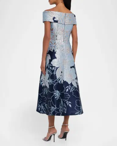Rickie Freeman for Teri Jon Off-Shoulder Metallic Jacquard Midi Dress | Thumbnail 3