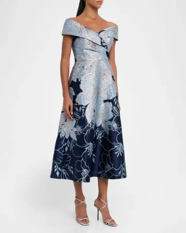 Rickie Freeman for Teri Jon Off-Shoulder Metallic Jacquard Midi Dress | Thumbnail 4