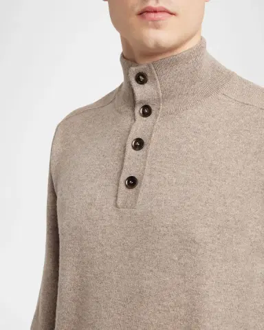 Brioni Men's Cashmere Knit Mock Neck Half-Placket Sweater | Thumbnail 4 Brioni Men's Cashmere Knit Mock Neck Half-Placket Sweater | Thumbnail 4